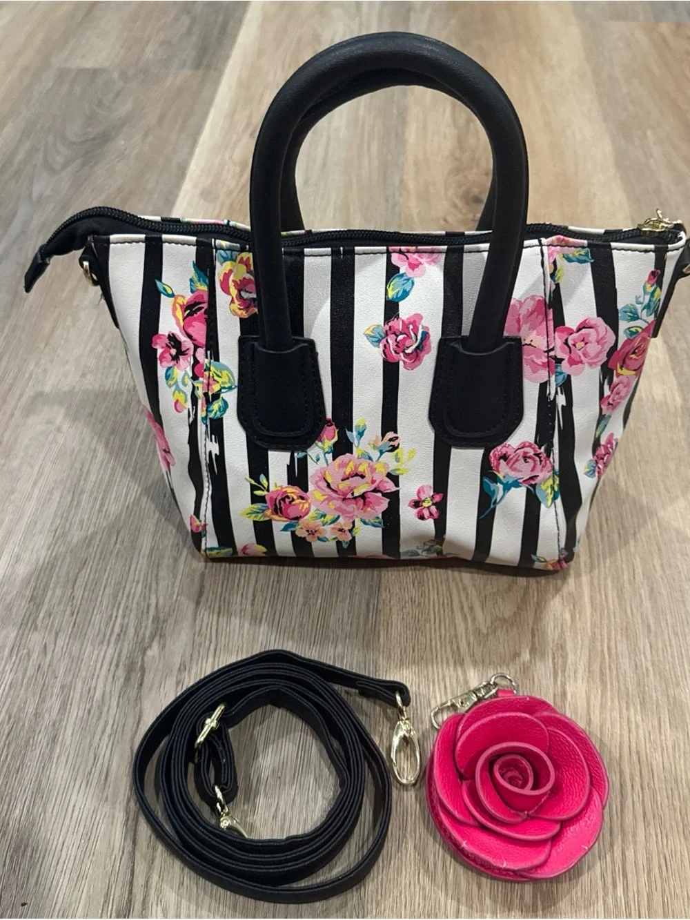Luv Betsey by Betsey Johnson Mini Satchel Black White Striped Floral Purse Rose